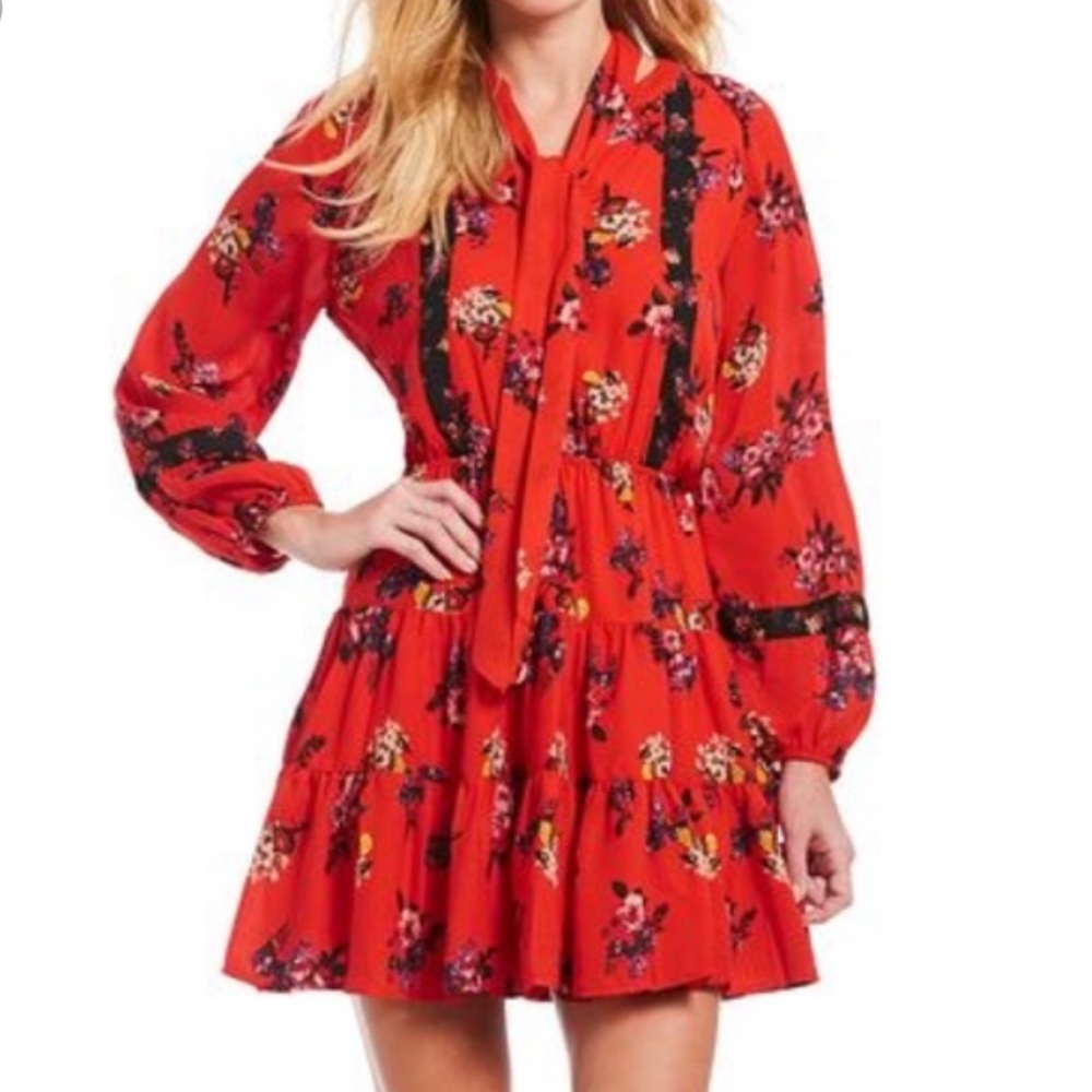 GB Red Floral Tiered Dress XS